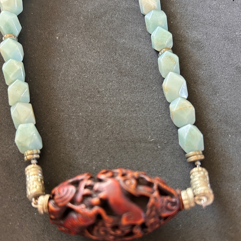 Necklace Turquoise-Green Bead Necklace with Carved Red-Brown Focal Bead